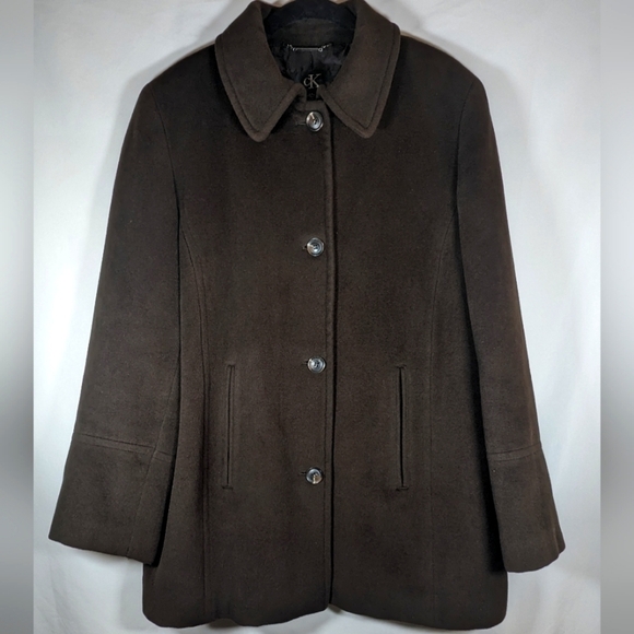 Calvin Klein Angora Rabbit Hair and Wool Blend Chocolate Brown Peacoat Size Lrg - Picture 1 of 16